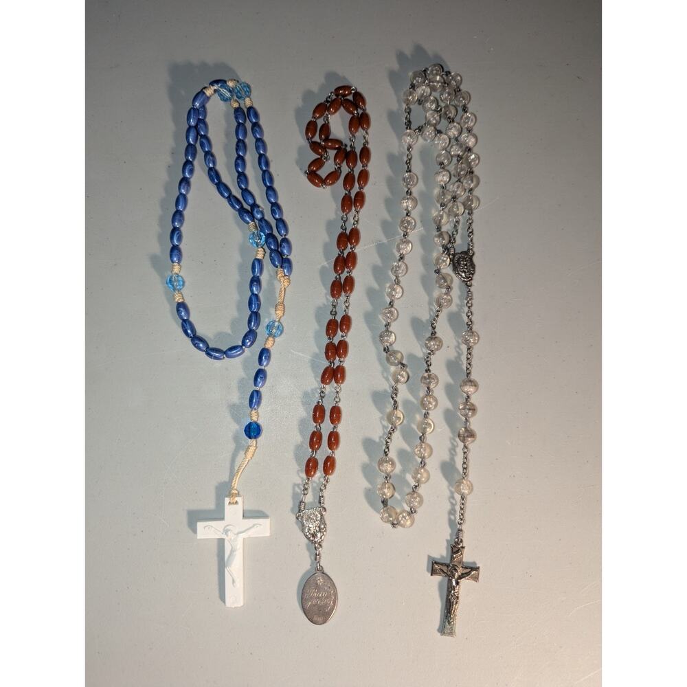 Lot of 3 Vintage Beaded Rosary with Silver Colored Crucifix Estate